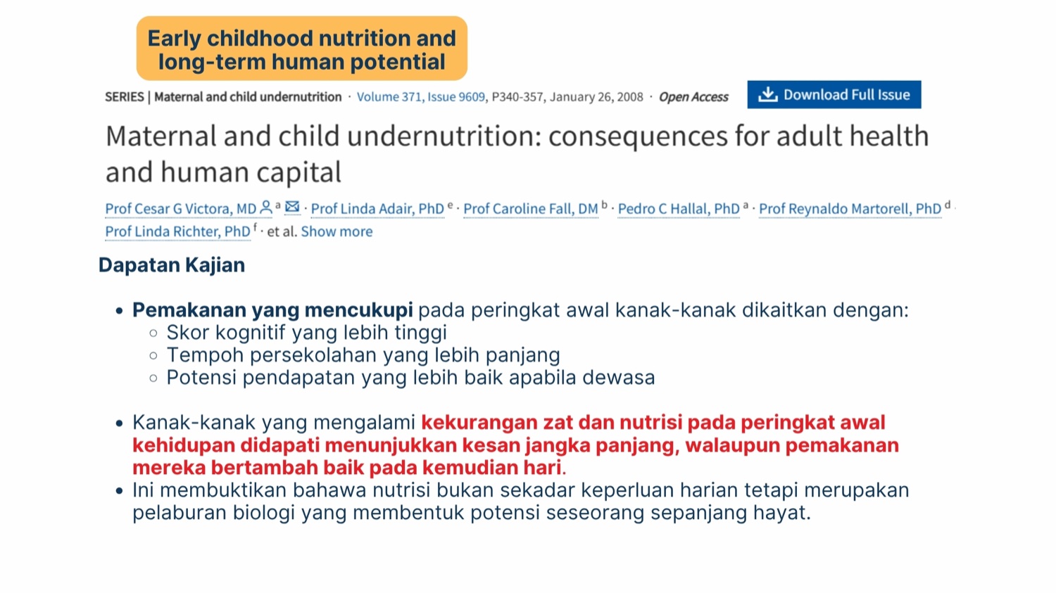 Kajian The Lancet 2008 — Maternal and child undernutrition: consequences for adult health and human capital
